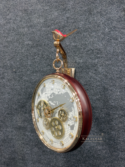 Luxury Dual-Sided Station Clock – World Map & Crystal Accents with Visible Mechanical Gears