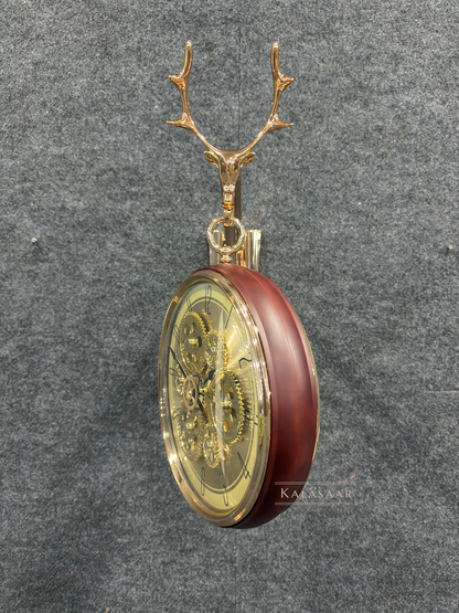 Luxury Dual-Sided Station Clock – Deep Wood-Tone Casing with Visible Mechanical Gears & Stag Motif