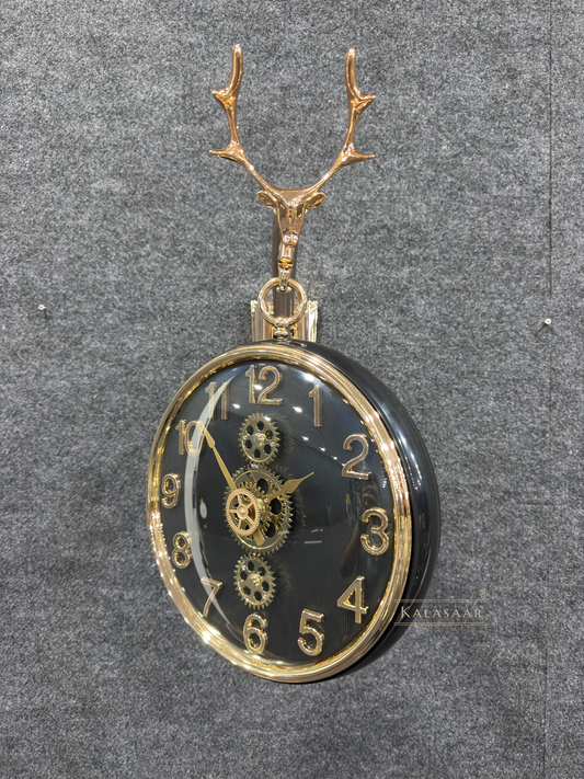 Kalasaar Decor Majestic Double-Sided Wall Clock with Exposed Gold Gears & Stag Head Bracket