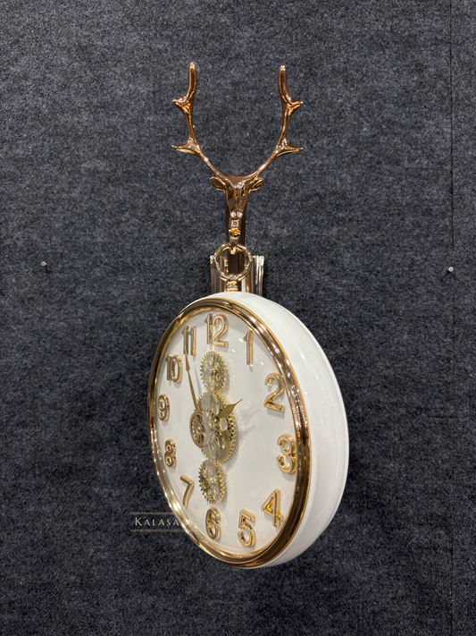 Luxury Dual-Sided Station Clock – Off-White & Gold Finish with Working Mechanical Gears & Deer Head Motif