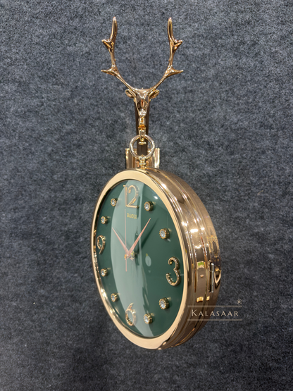 Luxury Dual-Sided Station Clock – Emerald Green Dial with Crystal Markers & Golden Stag Motif