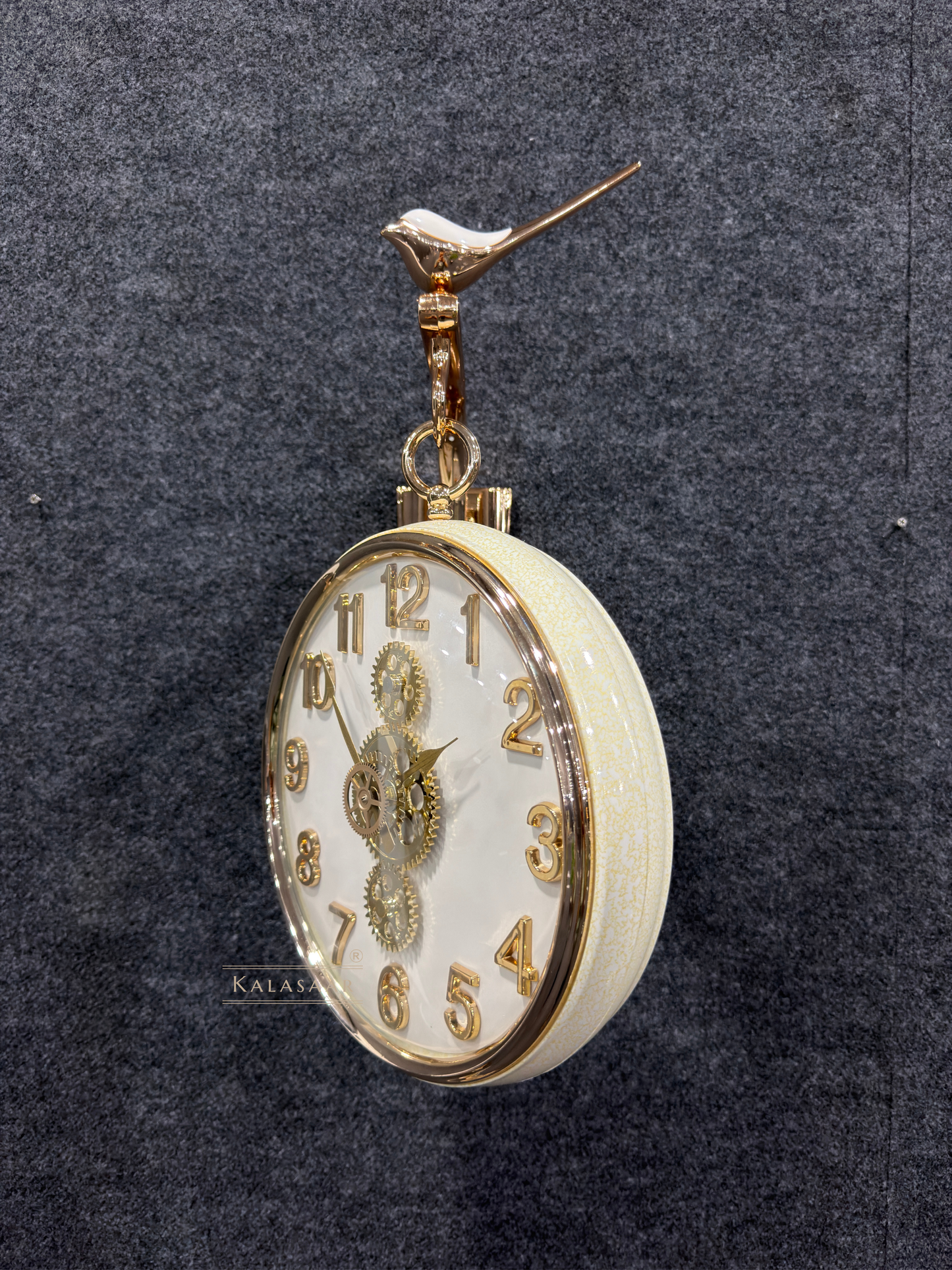 Kalasaar Decor Ivory White Double-Sided Gear Wall Clock – Premium Luxury Design with Working Gears & Bird Accent