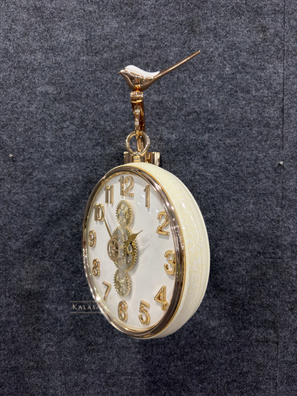 Kalasaar Decor Ivory White Double-Sided Gear Wall Clock – Premium Luxury Design with Working Gears & Bird Accent