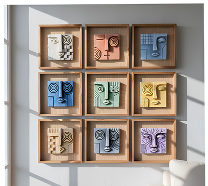 Artisanal 3D Cubist Face Sand Art Gallery Set of 9