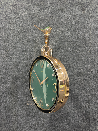 Kalasaar Decor Royal Emerald Green & Gold Double-Sided Wall Clock with Crystal Accents
