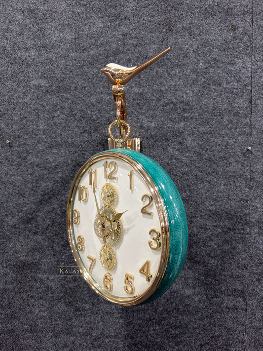 Kalasaar Decor Turquoise Double-Sided Gear Wall Clock – Premium Luxury Finish with Working Gears & Bird Accent