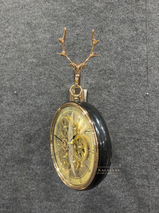 Kalasaar Decor Royal Black & Gold Stag Antler Double-Sided Moving Gear Wall Clock