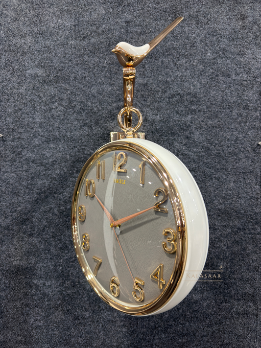 Kalasaar Decor Royal Grey Leather-Texture & Gold Double-Sided Wall Clock with Bird Accent
