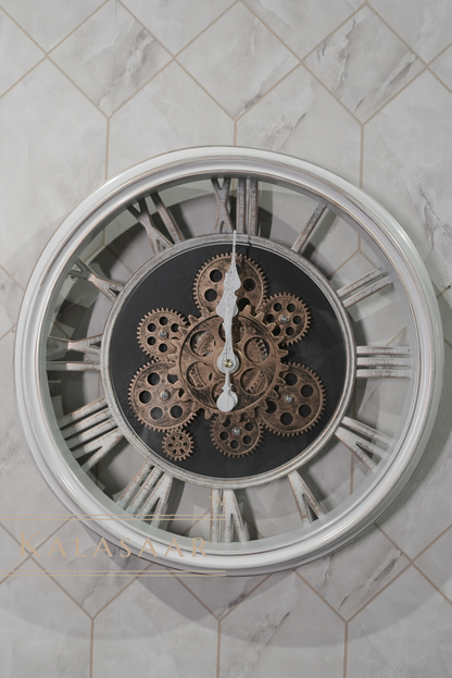 Elegant White Gear Clock with Roman Numerals and Golden Accents