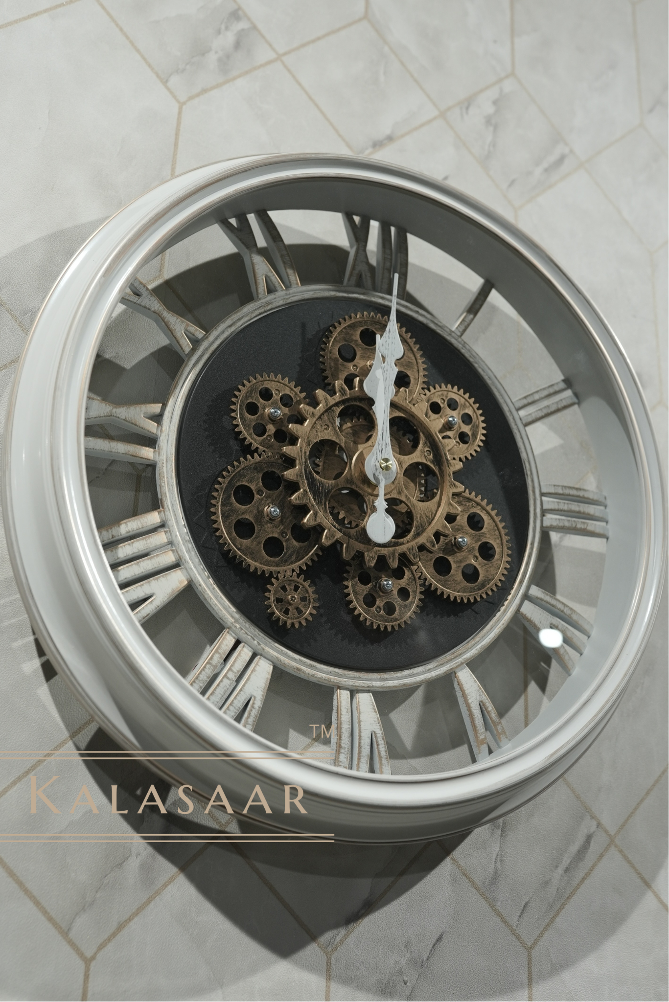 Elegant White Gear Clock with Roman Numerals and Golden Accents