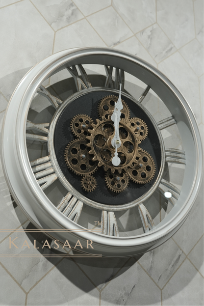 Elegant White Gear Clock with Roman Numerals and Golden Accents