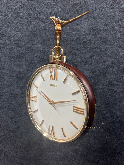 Kalasaar Decor Royal Mahogany Brown & Rose Gold Double-Sided Wall Clock with Bird Accent