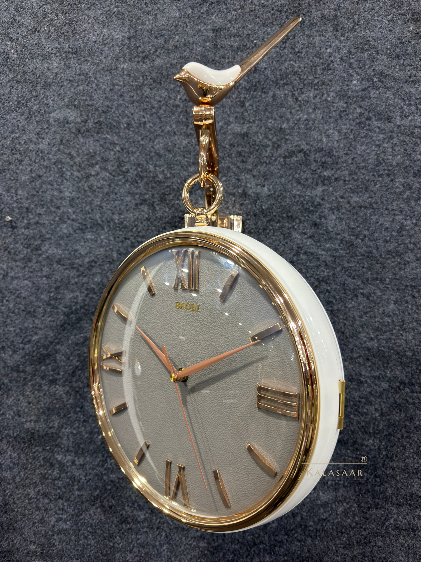 Kalasaar Decor Royal Grey Leather-Texture & Gold Double-Sided Wall Clock with Bird Accent