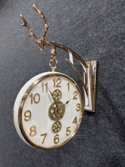 Luxury Dual-Sided Station Clock – Off-White & Gold Finish with Working Mechanical Gears & Deer Head Motif