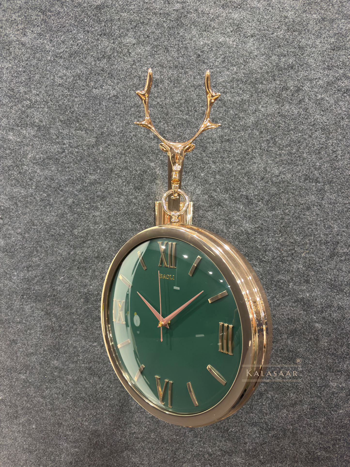 Luxury Dual-Sided Station Clock – Emerald Green Dial with Crystal Markers & Golden Stag Motif