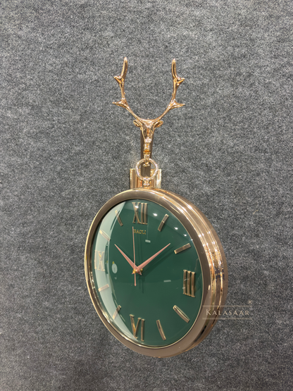 Luxury Dual-Sided Station Clock – Emerald Green Dial with Crystal Markers & Golden Stag Motif