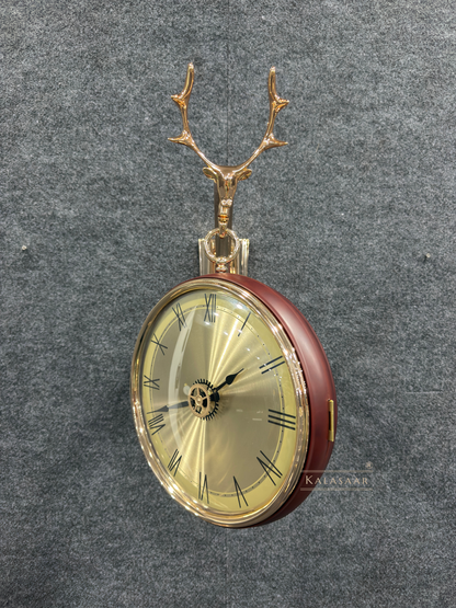 Luxury Dual-Sided Station Clock – Deep Wood-Tone Casing with Visible Mechanical Gears & Stag Motif