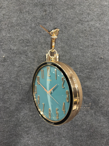 Luxury Dual-Sided Station Clock – Teal Blue Dial with Crystal Markers & Bird Accent