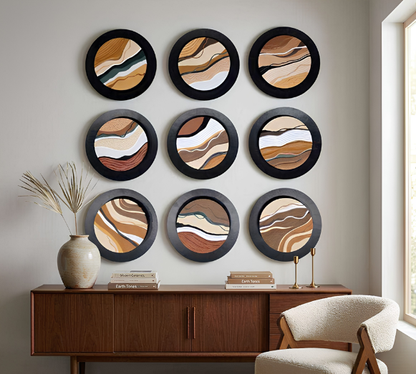 Artisanal 3D Abstract Stratum Circular Sand Art Set of 9