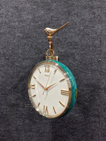 Kalasaar Decor Turquoise Double-Sided Gear Wall Clock – Premium Luxury Finish with Working Gears & Bird Accent