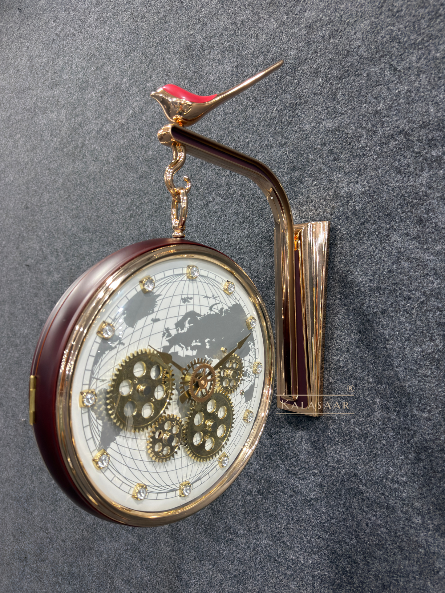Luxury Dual-Sided Station Clock – World Map & Crystal Accents with Visible Mechanical Gears