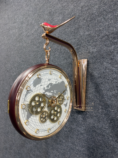 Luxury Dual-Sided Station Clock – World Map & Crystal Accents with Visible Mechanical Gears