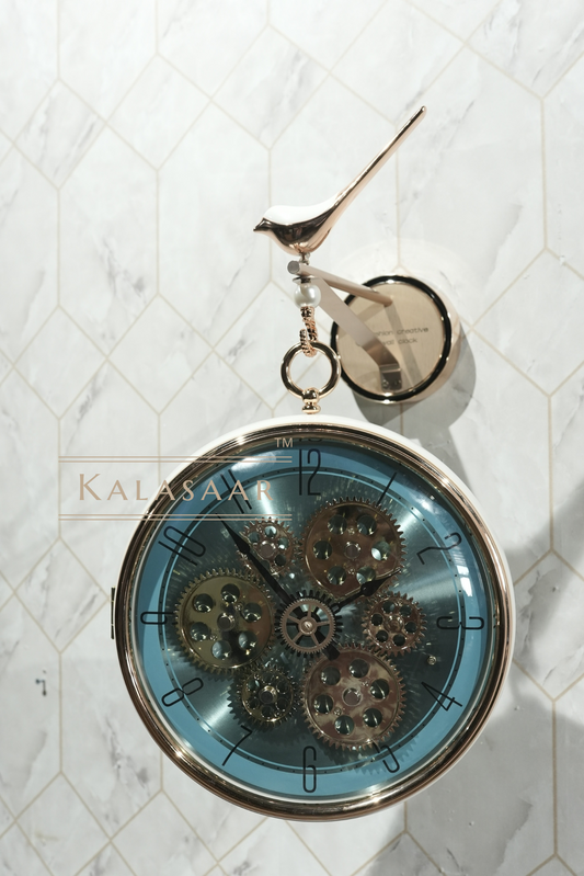 Stylish Gear Mechanism Double-Sided Clock with Sparrow Top