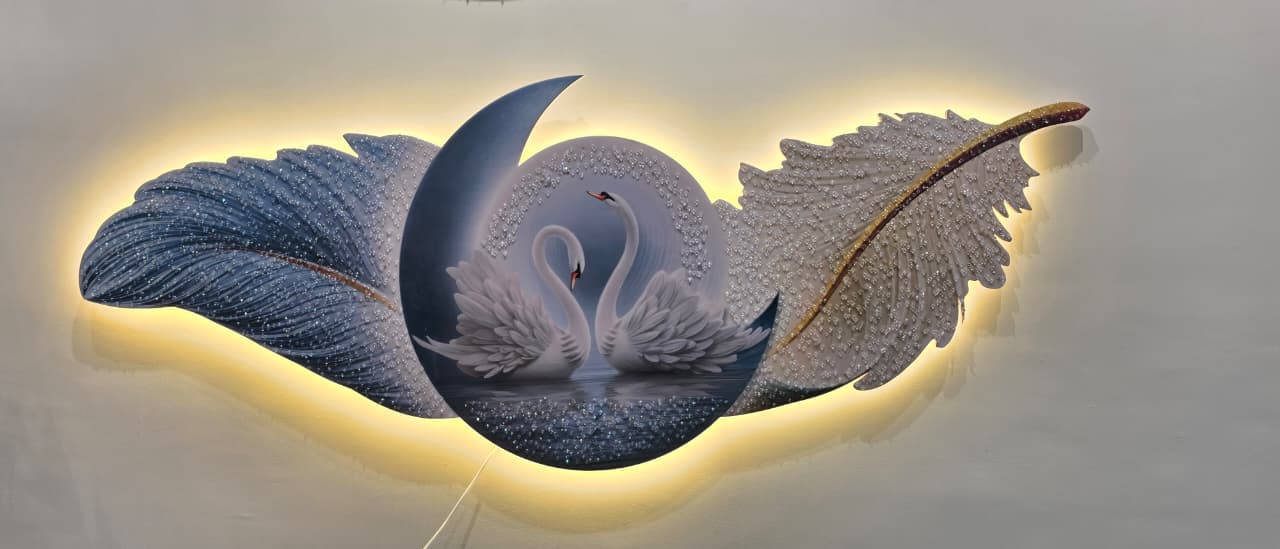 Luxury LED Swan Moon Wall Art | 60 x 150 CM | Premium Crystal Finish with Remote Control Lighting