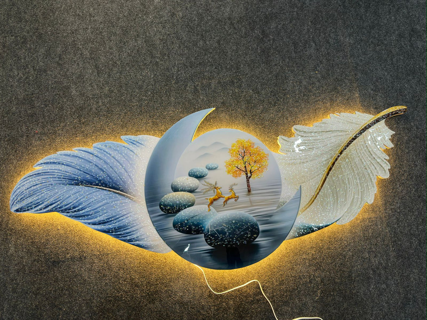 Celestial Voyage: The Feather & Deer Backlit Sculpture (60x150cm)