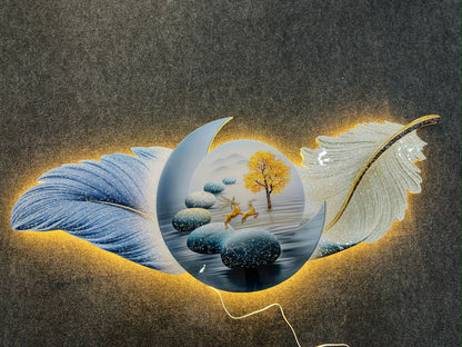 Celestial Voyage: The Feather & Deer Backlit Sculpture (60x150cm)