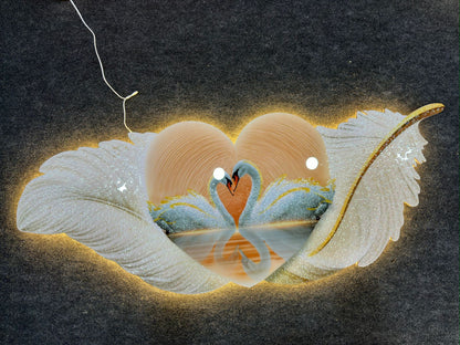 Illuminated Swan & Heart Feather Wall Sculpture with Warm LED Accent