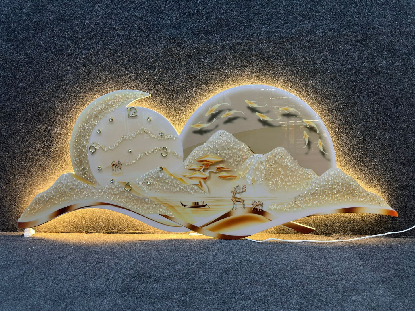 Luxury LED Mountain & Moon Wall Art with Clock | 60 x 150 CM | Premium Crystal Finish | Remote Control Lighting