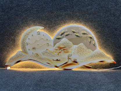 Luxury LED Mountain & Moon Wall Art with Clock | 60 x 150 CM | Premium Crystal Finish | Remote Control Lighting