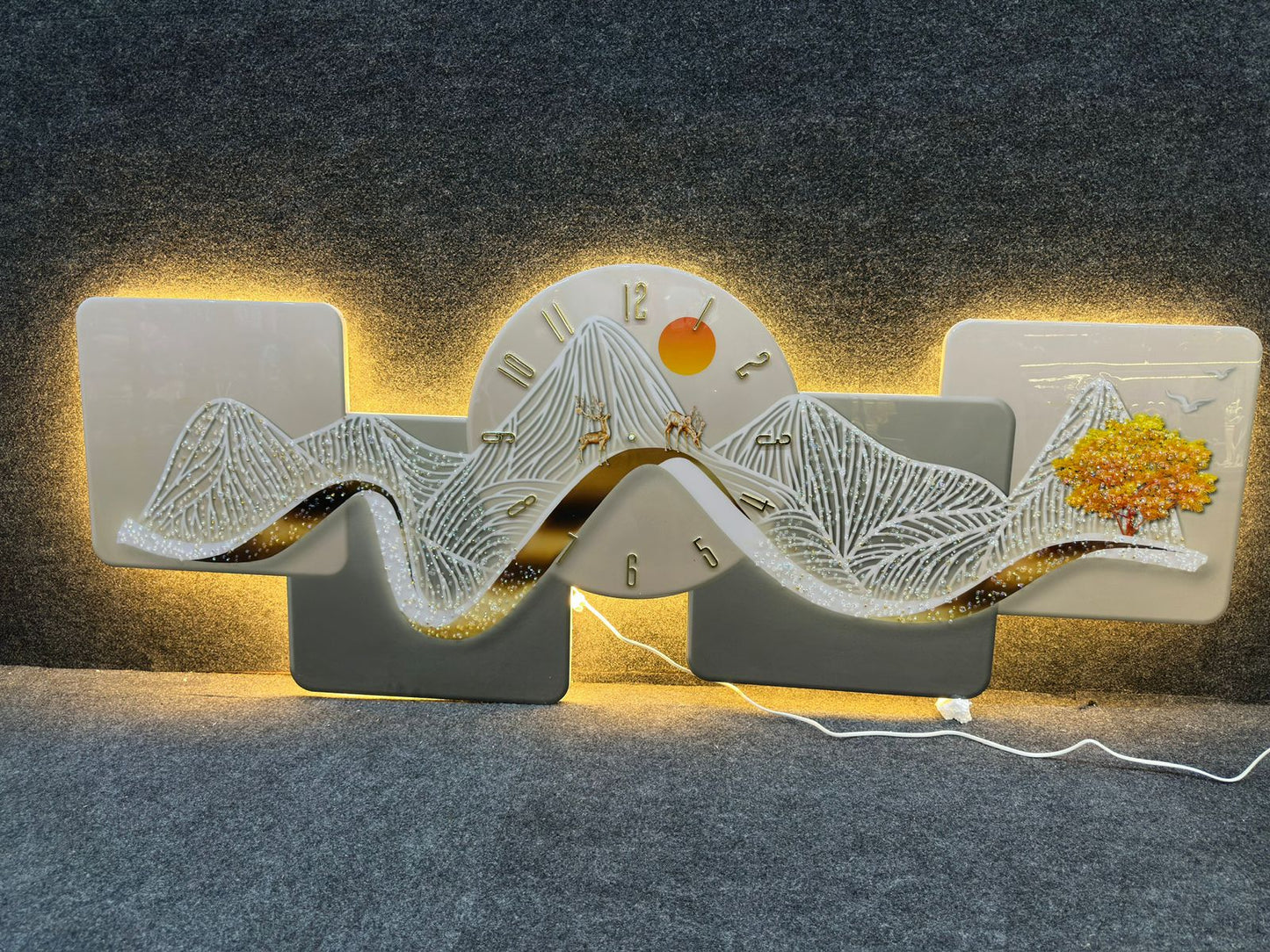 Luxury LED Mountain Wave Wall Art with Designer Clock | 60 x 150 CM | Premium Crystal Finish