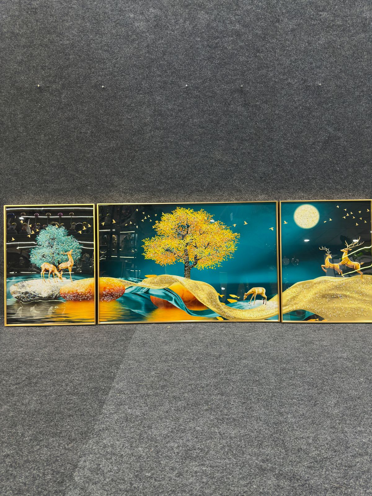 Luxury Golden Deer Crystal Wall Painting Set of 3