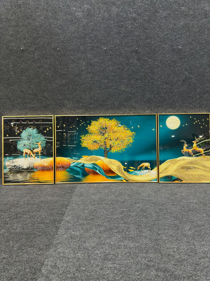Luxury Golden Deer Crystal Wall Painting Set of 3