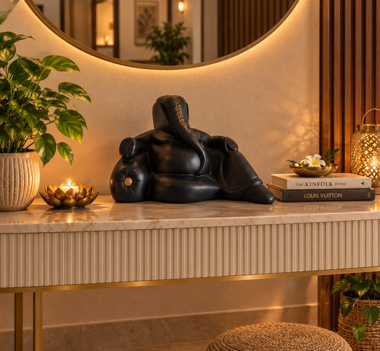 Minimalist Matte Black Reclining Ganesha Artifact