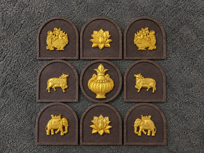raditional Indian Temple Wall Decor – 9-Piece 3D Gold Relic Wall Hanging Set with Arched Wooden Frames