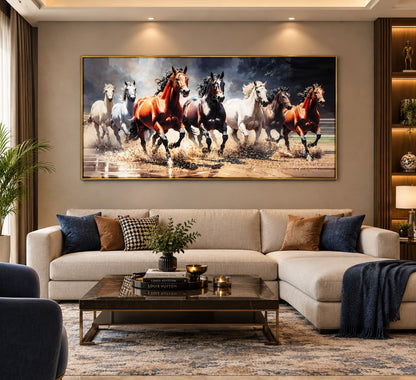 Vastu Majestic 7 Running Horses LED Crystal Painting – Premium Aluminum Framed Wall Art