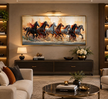 Celestial Aura 7 Running Horses LED Crystal Painting – Premium Aluminum Framed Wall Art
