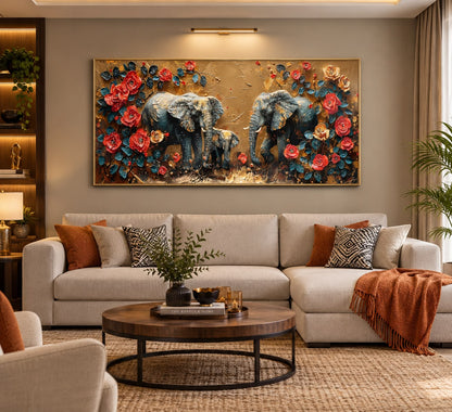 Royal Heritage Elephant Family LED Crystal Painting – Premium Aluminum Framed 3D Wall Art