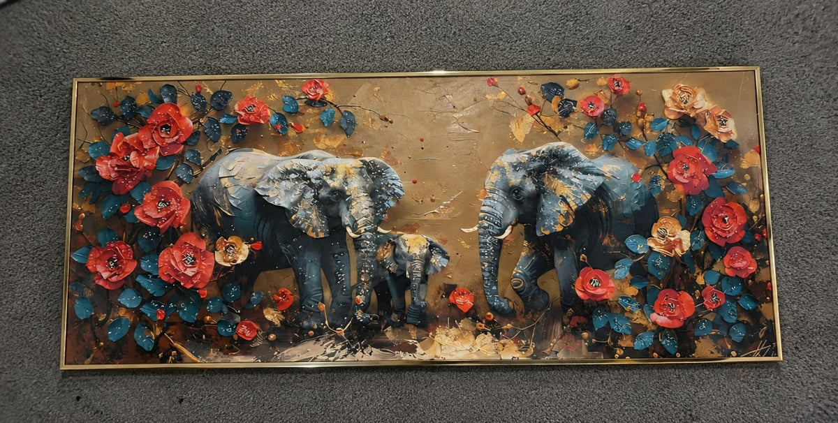 Royal Heritage Elephant Family LED Crystal Painting – Premium Aluminum Framed 3D Wall Art
