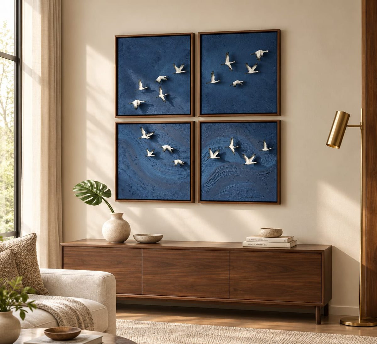 Set of 4 Handmade Blue Flying Birds Wall Art Paintings – Premium Textured Wooden Frame Wall Decor