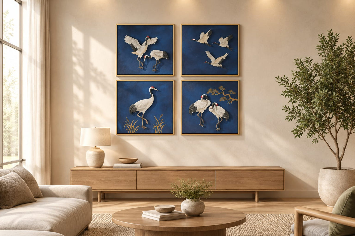 Set of 4 Handmade Blue Crane Bird Wall Art Paintings with Golden Accents – Luxury Framed Wall Decor