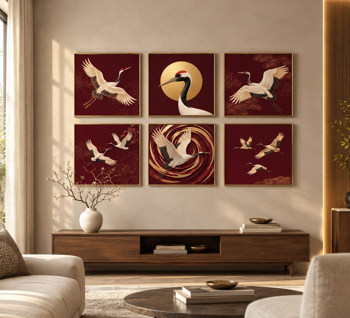 Golden Sunset Red-Crowned Cranes Painting Set – 6-Piece Luxury Oriental Home Decor Wall Art