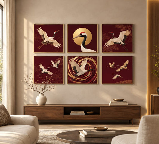 Golden Sunset Red-Crowned Cranes Painting Set – 6-Piece Luxury Oriental Home Decor Wall Art