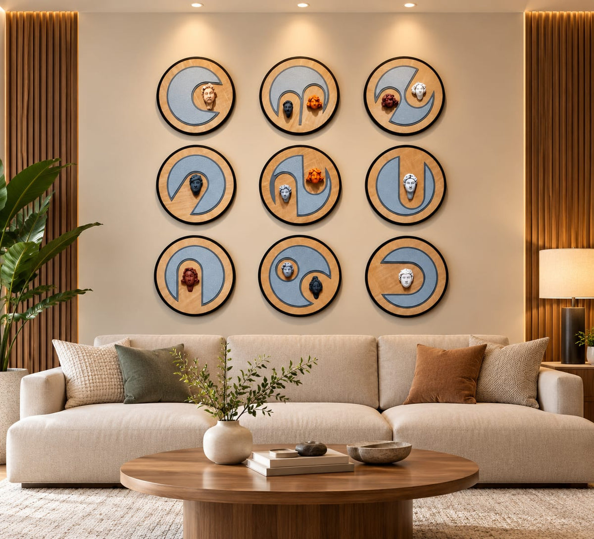 Classical Greco-Roman Mythological Wall Art Set – 9-Piece Circular Avant-Garde Sculpted Painting Collection