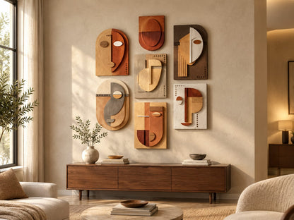 Avant-Garde Geometric Face Relief Art Set – 7-Piece Cubist Abstract Modern Terracotta Wall Sculpture Collection