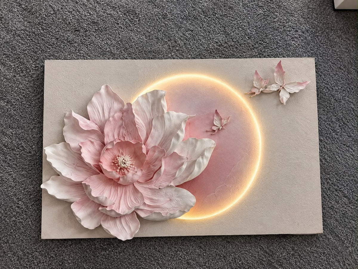 Blush Moon Blossom Relief Wall Art with LED Lighting