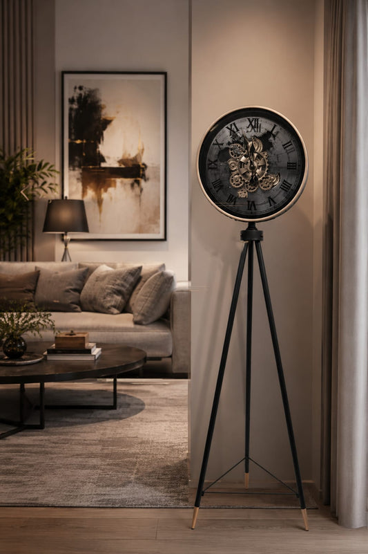 Kalasaar Luxe Tripod Gear Clock - Black & Gold Elegance